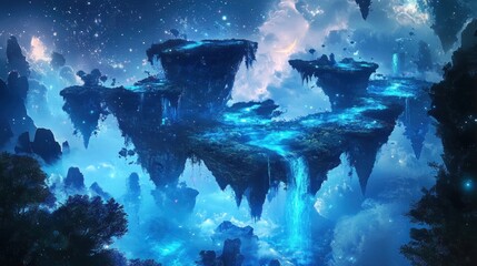 Enigmatic celestial islands floating amidst ethereal clouds and cosmic starlight