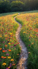 Winding path through colorful wildflower field
