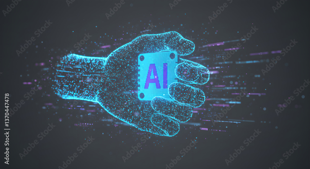 Poster hand of future holds chip with ai. abstract digital human holds abstract hi tech circuit microchip f