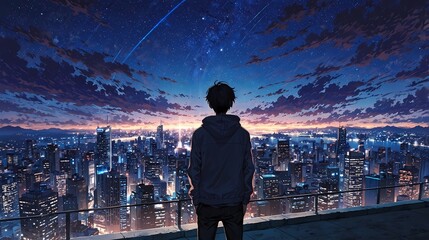 Anime character looking at the city skyline from the rooftop of a building at night, anime wallpaper