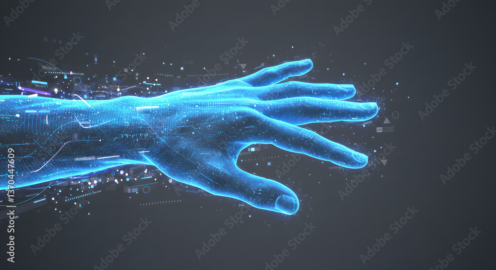 Poster digital blue hand reaching out in cyberspace. holographic hand with abstract data stream for interac