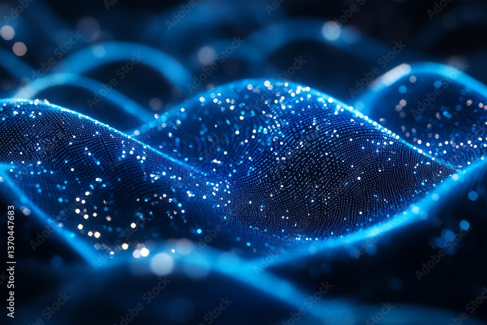 Poster abstract digital surface flowing with glowing particles in blue color