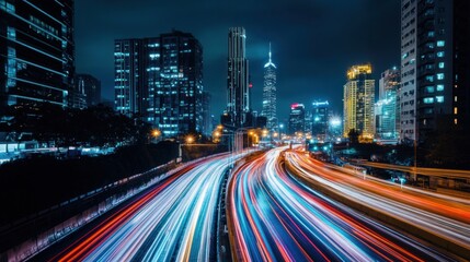 Fototapeta premium Dynamic city at night with stunning long exposure and colourful light streaks