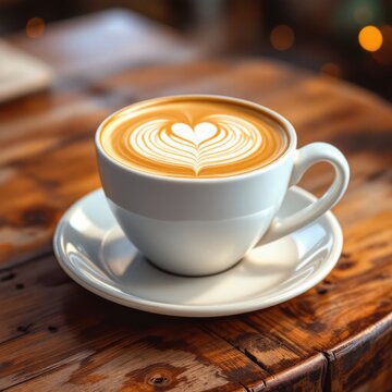 Nice Texture of Latte art on hot latte coffee . Milk foam in heart shape leaf tree on top of latte art from professional barista artist
