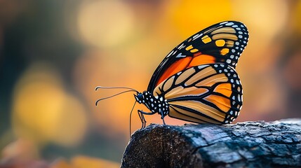 Obraz premium Vibrant Monarch Butterfly Resting on a Wooden Log with Sharp Focus on Orange and Black Patterns Against a Natural Forest Backdrop
