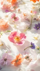 Colorful flowers scattered on white surface, sunlit