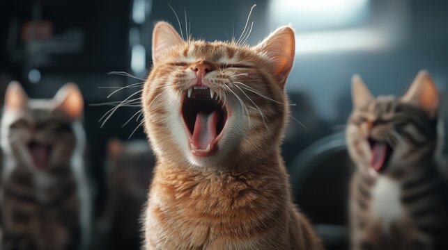 A close-up of a yawning orange tabby cat with soft lighting captures the essence of tranquility and relaxation, revealing the beauty of feline moods and expressions.