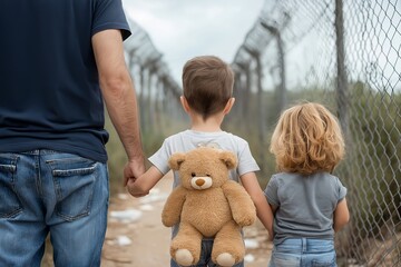 Family Standing at Barbed Border Fence with Worn Teddy Bear and Torn Fabric, Somber Parents and Child Holding Hands, Refugee Crisis, Conflict Migration, Border Crossing, Emotional Human Struggle