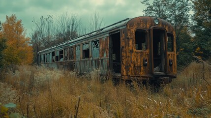 Obraz premium A rusted train car rests forgotten in tall grass, its broken window and faded paint echoing years of abandonment and silence.