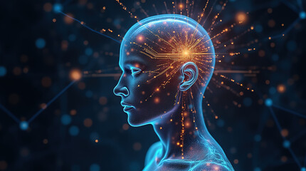 A transparent human head shows a glowing circuit board inside, connected by neural pathways, set against a digital web representing the merge of AI and humanity.