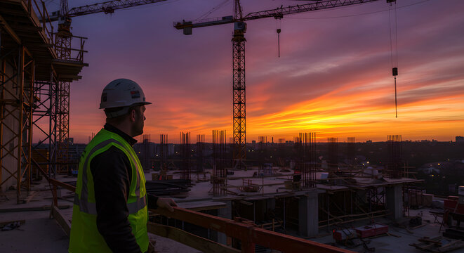 Civil engineer man oversees construction site developments, sunset construction landscape background, tower crane silhouette for architecture and industrial design applications.
