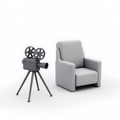Fototapeta premium vintage movie camera and armchair in a minimalist 3d setting