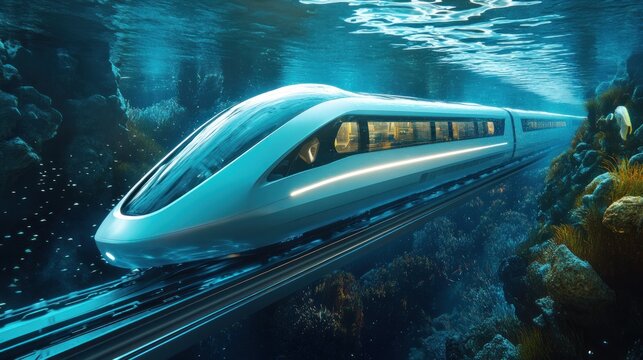 Futuristic underwater high-speed train concept with scenic ocean environment view
