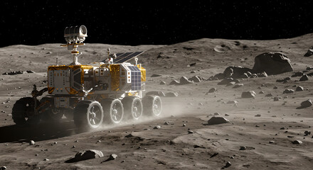 Moon rover exploring lunar surface landscape, future space exploration technology for scientific research, lunar mission to search water and mineral resources