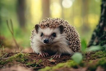 Fototapeta premium Hedgehog exploring its natural habitat in a lush forest during daylight