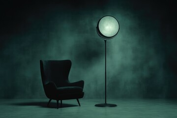 Dark, moody interior scene with single armchair and floor lamp