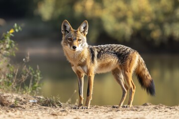 Obraz premium Coyote stands near water, observing its surroundings in the wild during the golden hour of late afternoon