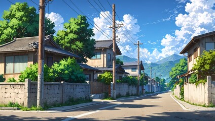 Naklejka premium Peaceful Japanese Village Lane with Wooden Houses & Misty Mountain Views – Scenic Anime Wallpaper
