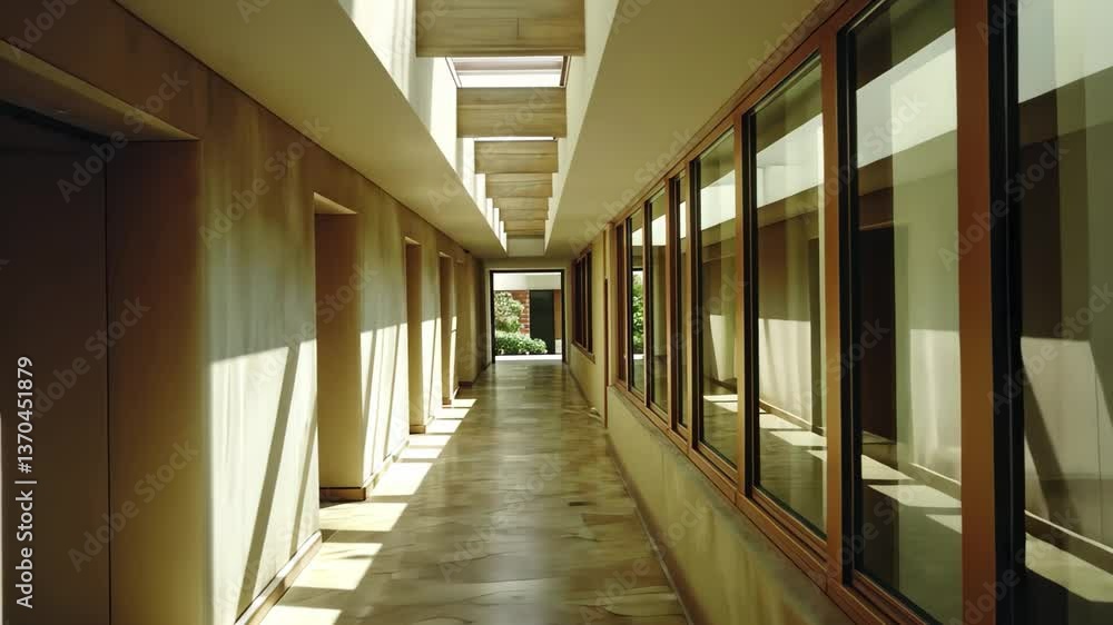 Poster a corridor features large windows flooding the space with natural light, emphasizing the minimalist 
