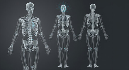 Futuristic x-ray skeleton hologram projection. Man's skeletal structure for education, future medicine research presentation, technology of diagnostics and surgical innovation