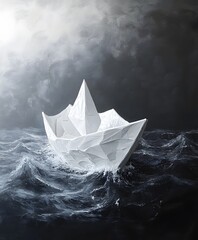 Obraz premium Paper Boat on Rough Seas: A solitary paper boat navigates the turbulent waters of a vast ocean, symbolizing resilience and journey amidst a storm, in a photorealistic style.