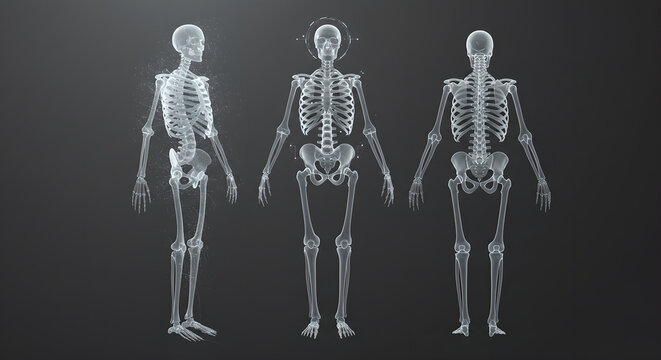 Three human skeleton renderings against dark background. Digital holographic representation of bone structure for medical research, future innovation, technology.