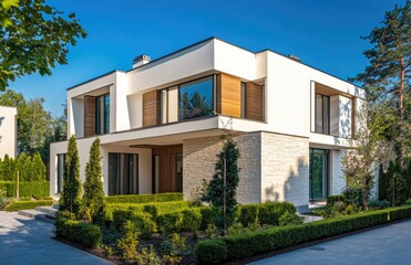 Fototapeta premium the exterior front view of an architecturally designed modern house in Poland, featuring white walls with brown accents and greenery around it.