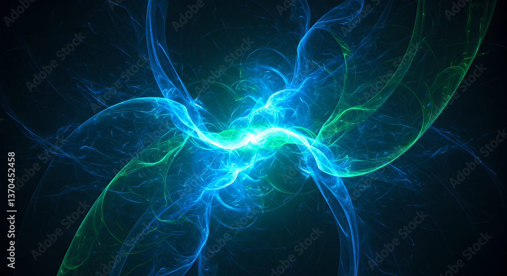 Poster energetic flow of glowing particles. blue and green fractal design for presentation background. digi