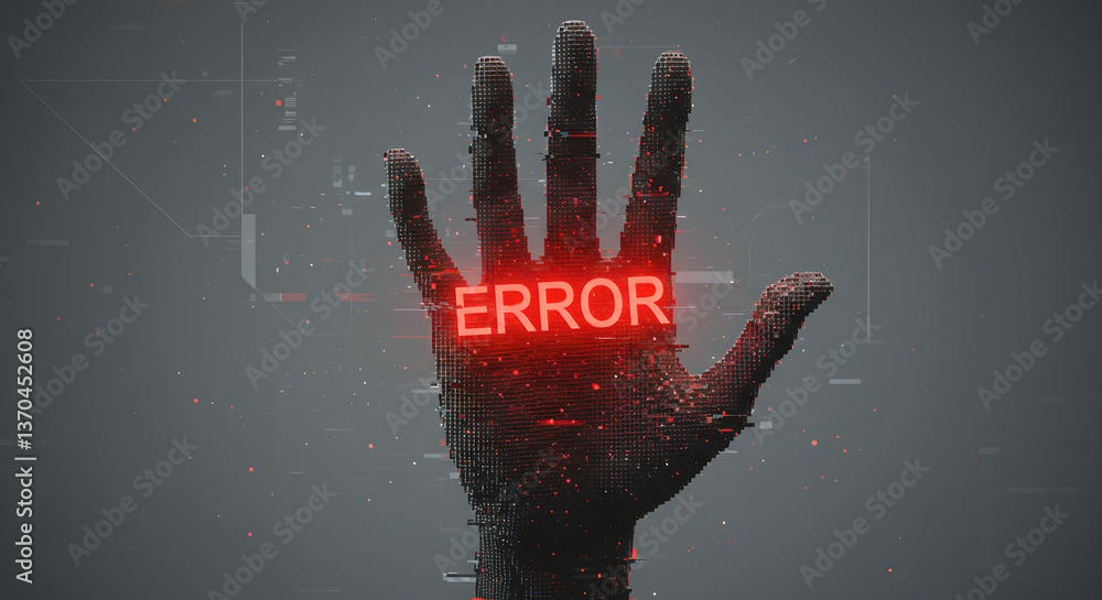 Poster conceptual pixelated hand with glowing error message over palm, represents data security failure, fu