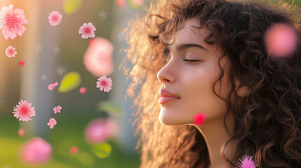 Fototapeta premium Curly-haired woman gently rubs her eyes, reflecting the discomfort of allergy symptoms amid a vibrant spring landscape filled with colorful blooming flowers