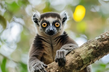 Lemur perched on tree branch in a lush forest with vibrant greenery surrounding it during daytime