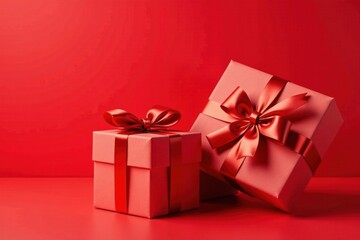Obraz premium Two crimson gift boxes adorned with elegant red ribbons, set against a vibrant red backdrop, symbolizing a joyous occasion.