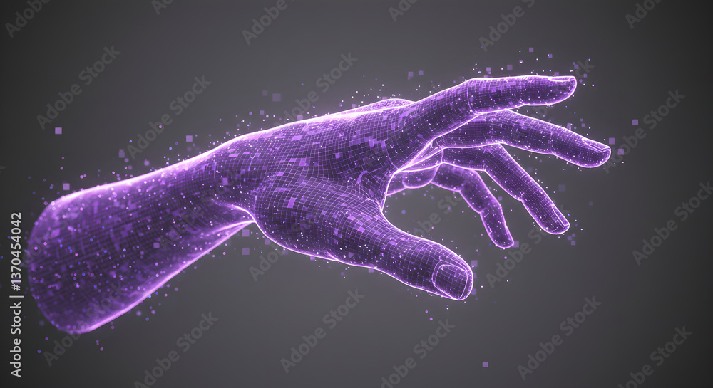 Poster digital hand reaches forward in virtual space. hand with futuristic data grid and particle effects f