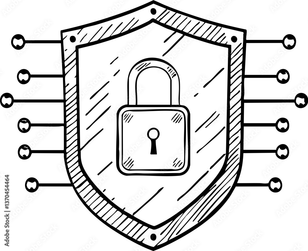 Poster a drawn shield with a lock symbolizes security and protection, featuring circuit-like lines represen
