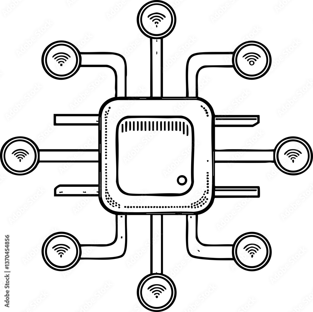 Poster a central processing unit (cpu) graphic with multiple wireless signal icons, symbolizing connectivit