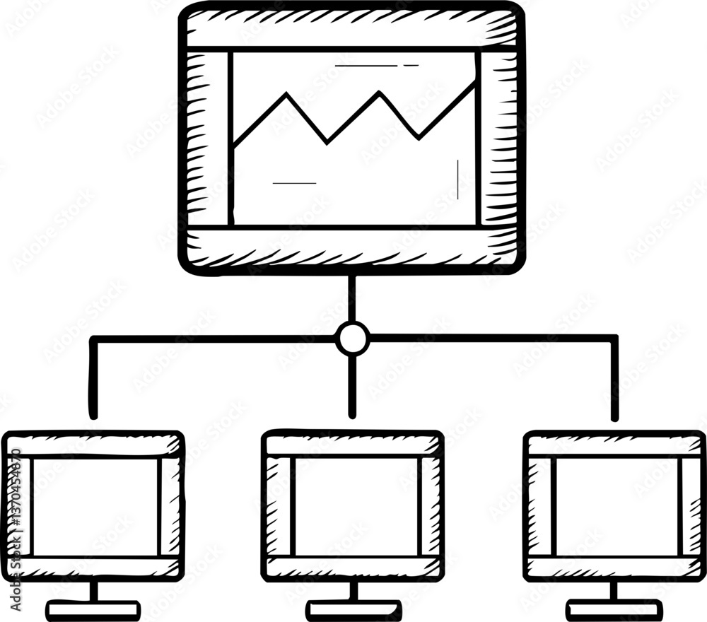 Poster a sketched diagram illustrating a central monitor displaying data trends, connected to three additio