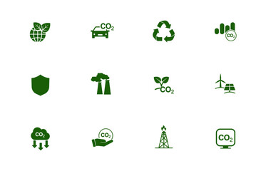 Solid vector icon set with co2, greenhouse gases, emission reduction, alternative energy symbols. Environmental protection icons.