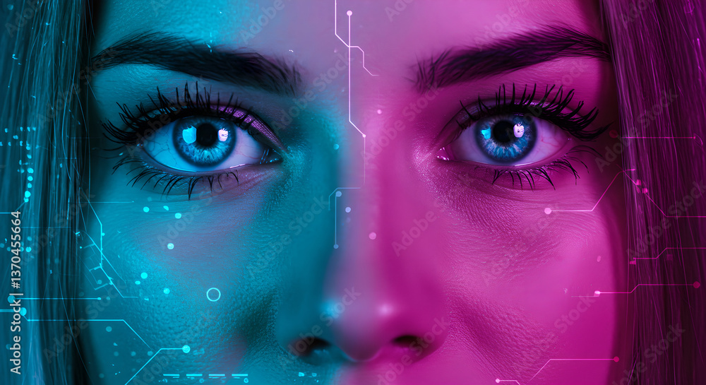 Poster woman with bionic eyes. future technology and cybernetic implants. human integration with artificial