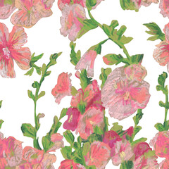 Rose of Sharon flowers wax crayon seamless pattern on white insulated background. Textural and botanical repeating pattern. Spring Asian Flowers design for textiles, wrapping paper and wallpaper.