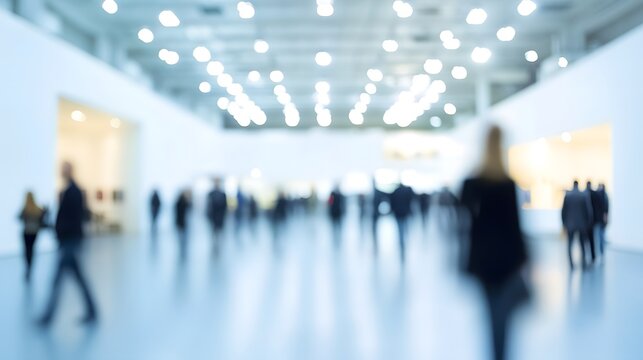 Blurred spacious exhibition hall with people walking in the background