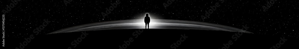 Wall mural celestial mystery: a silhouetted figure stands centered, bathed in the glow of light emanating from 