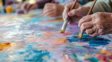 Elderly group painting in art class, close-up hands mixing colors, soft natural light, candid joy and creativity