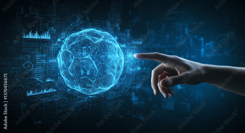 Poster man interacts with digital hologram projection. futuristic technology interface for business analyti