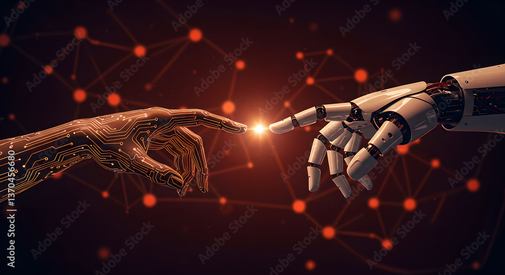 Poster artificial intelligence interaction of innovative circuit human hand with robot arm for future techn