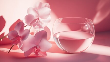 Fototapeta premium Elegant arrangement of orchids and a glass of water