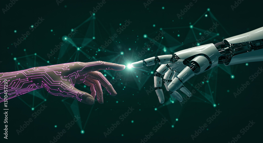 Poster artificial intelligence connection. robot and human hands touching with circuit pattern. hi-tech tec
