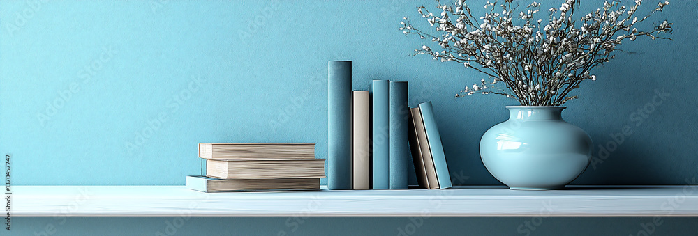 Poster a simple white table with a single object (e.g., a vase or a book) placed on it, against a plain blu