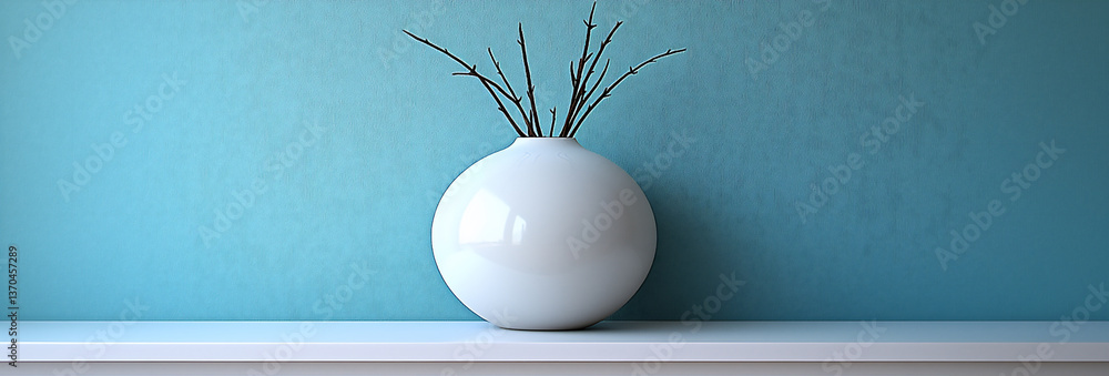 Poster a simple white table with a single object (e.g., a vase or a book) placed on it, against a plain blu