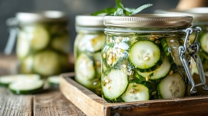This vibrant image displays jars filled with sliced cucumbers and herbs, highlighting the essence of freshness, ideal for promoting healthy home cooking and preservation techniques.