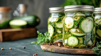 This captivating image features rustic jars of pickled cucumbers displayed artistically on a wooden board, emphasizing the art of home canning and the beauty of preserved foods.